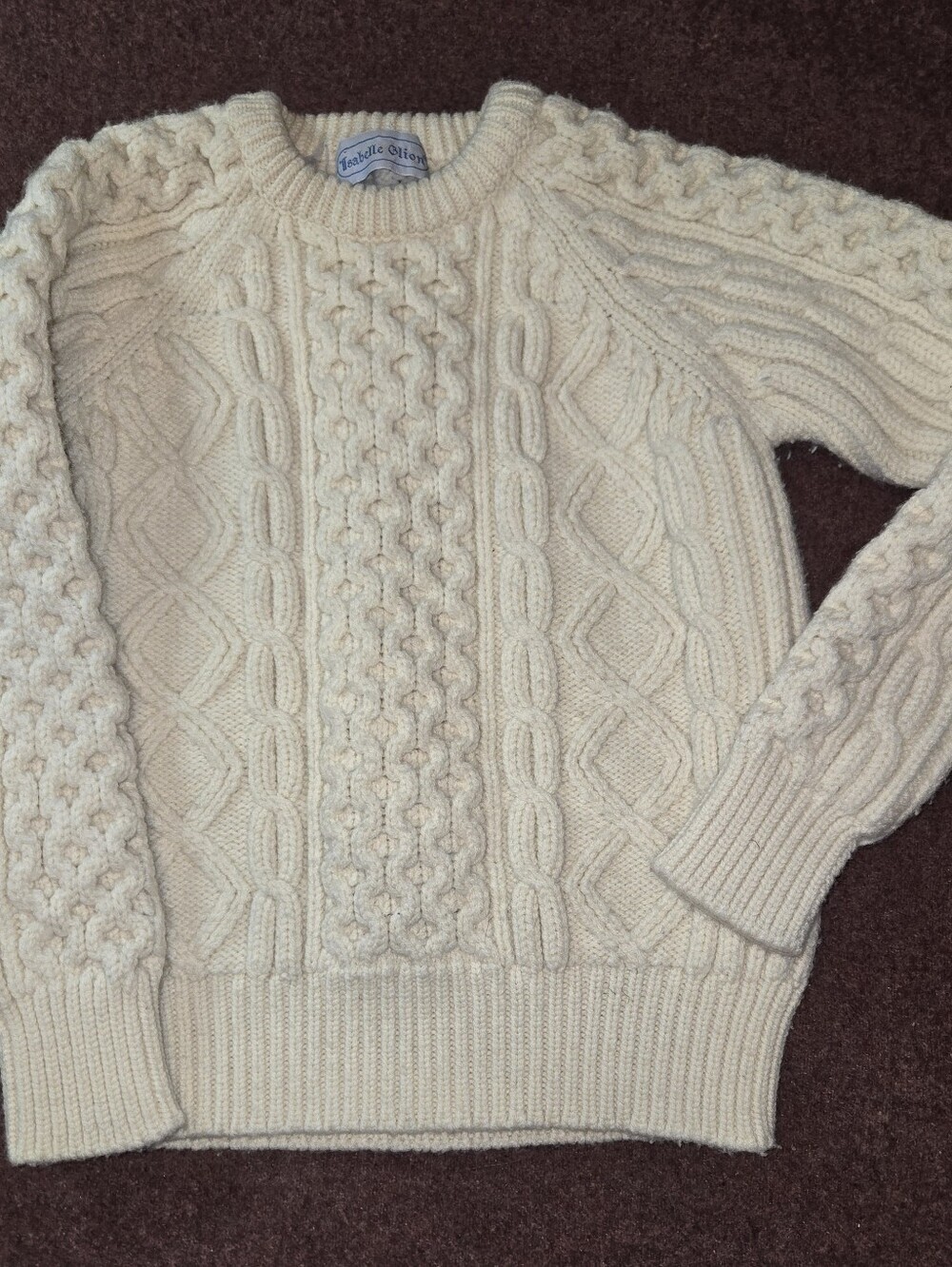 Vintage Isabelle Glion Kids 100% Wool Fisherman's Aran Sweater Ivory Medium - Picture 1 of 9